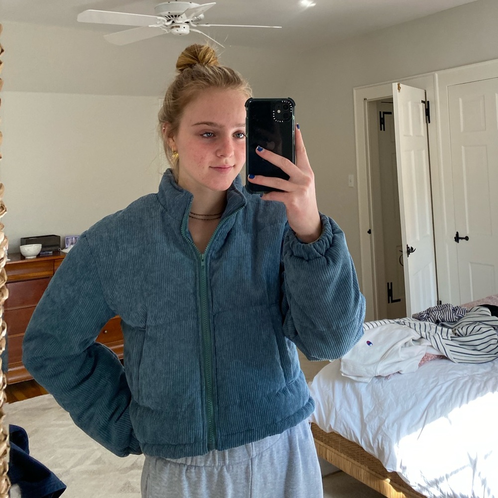 Cropped Ribbed Teal Coat